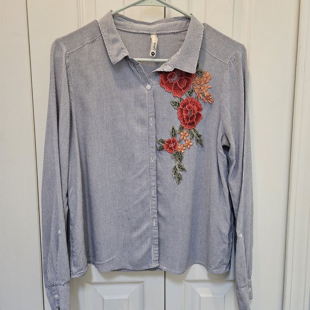 Sybilla Blue Striped Shirt with Red Floral Detail